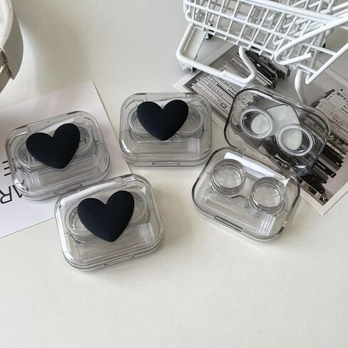 4 Pack 3D Design Cute Contact Lens Cases, Travel Eye Contacts Case Box Holder, Contact Lenses Tweezers Remover Tool Solution Bottle Kit for Daily Outdoor (3D Hearts, Black) in Saudi Arabia