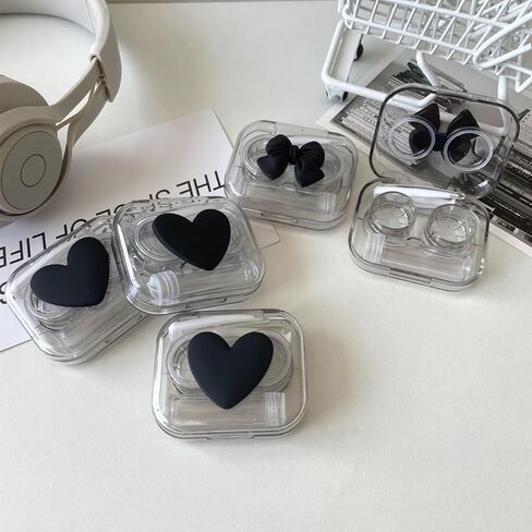 4 Pack 3D Design Cute Contact Lens Cases, Travel Eye Contacts Case Box Holder, Contact Lenses Tweezers Remover Tool Solution Bottle Kit for Daily Outdoor (3D Hearts, Black) in Saudi Arabia
