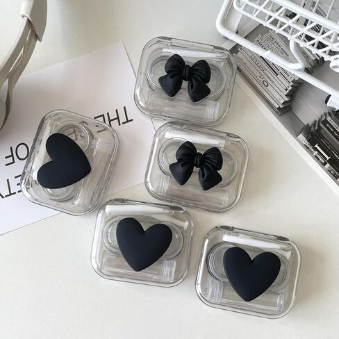 4 Pack 3D Design Cute Contact Lens Cases, Travel Eye Contacts Case Box Holder, Contact Lenses Tweezers Remover Tool Solution Bottle Kit for Daily Outdoor (3D Hearts, Black) in Saudi Arabia