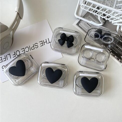 4 Pack 3D Design Cute Contact Lens Cases, Travel Eye Contacts Case Box Holder, Contact Lenses Tweezers Remover Tool Solution Bottle Kit for Daily Outdoor (3D Hearts, Black) in Saudi Arabia