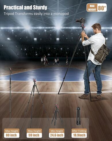 CAMBOFOTO 80"/205cm Camera Tripod, Aluminum Ball Head Tripod for Camera | Travel Tripod with 1/4" QR plate, Detachable Monopod, 33Lbs Load, for DSLR/Camcorder/Binoculars/Telescope/Spotting Scope in Saudi Arabia