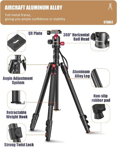 CAMBOFOTO 80"/205cm Camera Tripod, Aluminum Ball Head Tripod for Camera | Travel Tripod with 1/4" QR plate, Detachable Monopod, 33Lbs Load, for DSLR/Camcorder/Binoculars/Telescope/Spotting Scope in Saudi Arabia