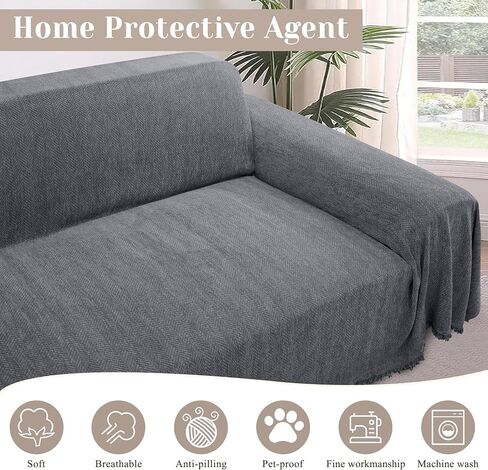 ALIECOM Corner Sectional Couch Covers L Shape Sofa Cover with Tassel Chenille Soft Thick U Shaped Sectional Slipcovers Washable Furniture Protector for Pets Dogs Cats (Grey, 91x251 Inch) in Saudi Arabia