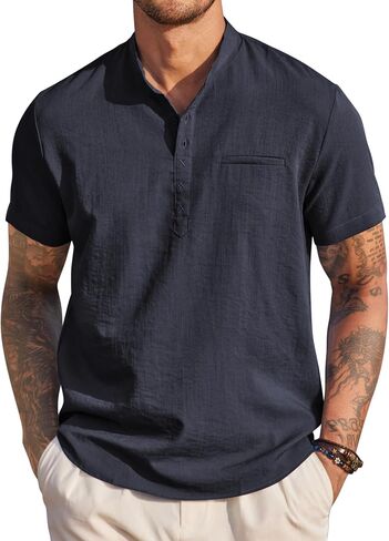 COOFANDY Men's Henley Shirts Band Collar Short Sleeve Shirt Casual Summer Beach Shirt Hippie T Shirt Fashion Hawaiian Shirt in Kuwait