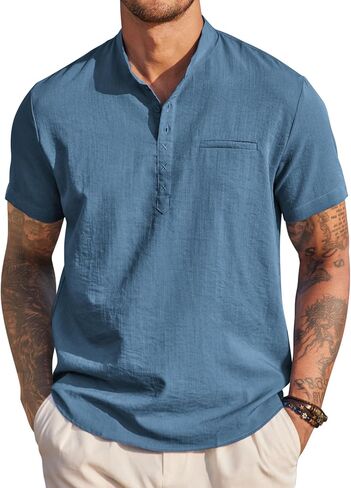 COOFANDY Men's Henley Shirts Band Collar Short Sleeve Shirt Casual Summer Beach Shirt Hippie T Shirt Fashion Hawaiian Shirt in Kuwait