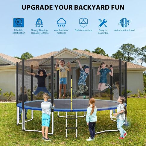 Kids Trampoline, ASTM Approved Trampoline 12FT with Enclosure Net, Ladder, Spring Pad and Rain Cover, Recreational, Weight Capacity 425LBS Indoor and Outdoor Trampoline, Black (TP-1206HO) in Saudi Arabia