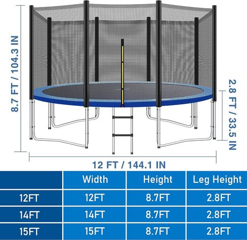 Kids Trampoline, ASTM Approved Trampoline 12FT with Enclosure Net, Ladder, Spring Pad and Rain Cover, Recreational, Weight Capacity 425LBS Indoor and Outdoor Trampoline, Black (TP-1206HO) in Saudi Arabia
