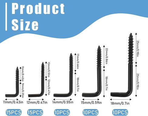 60 Pcs Square Bend Hook Spiral in Square Bend Hook Kit 5 Sizes Screw in Long Square Bend Hooks Black Self Tapping Screw Hook Metal L Hooks Screw in Right Angle Hooks for Hanging in Saudi Arabia