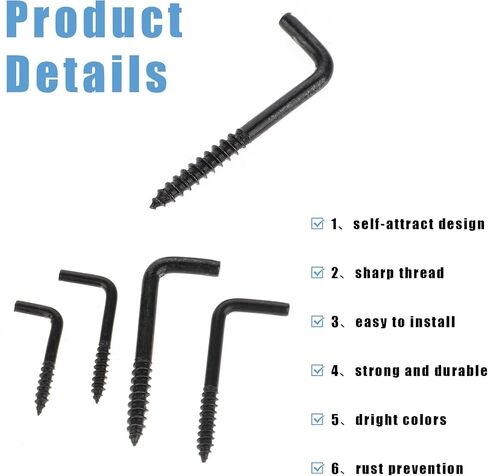 60 Pcs Square Bend Hook Spiral in Square Bend Hook Kit 5 Sizes Screw in Long Square Bend Hooks Black Self Tapping Screw Hook Metal L Hooks Screw in Right Angle Hooks for Hanging in Saudi Arabia