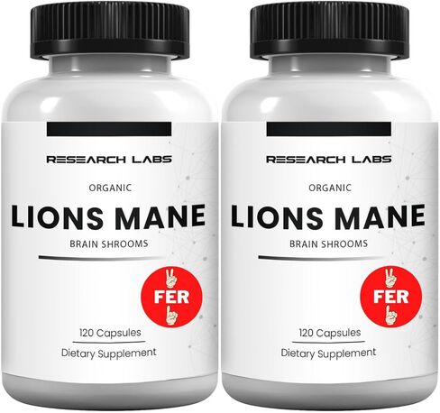 Research Labs Organic Lions Mane Supplement Capsules, 120 Capsules w/Patent Litropane™, Immune System Booster & Nootropic Brain Support Mushroom Supplement. 10X Extract comparable to 18,000mg in Kuwait