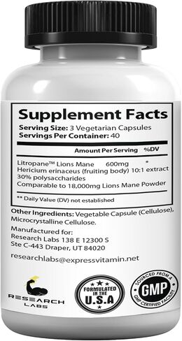 Research Labs Organic Lions Mane Supplement Capsules, 120 Capsules w/Patent Litropane™, Immune System Booster & Nootropic Brain Support Mushroom Supplement. 10X Extract comparable to 18,000mg in Kuwait