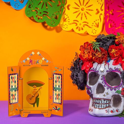 صندوق ظلال يوم الموتى Nicho Dia De Los Muertos Ofrenda مع 12 طلاء وفرشتي طلاء يوم الموتى، صندوق إطار صور خشبي للذاكرة، لوازم Altar Ofrenda in Kuwait