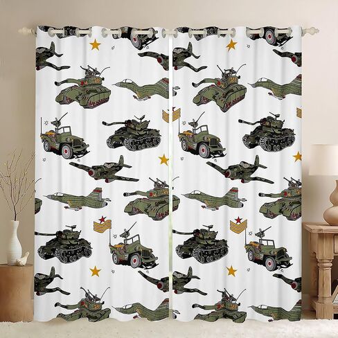 Manfei War Theme Window Curtains Aircraft Tanks Window Drapes for Kids Boy Room Decor, Retro Army Green Airplane Tanks Window Treatments Grommet Top 2 Panel Set Bedroom Curtains, 52Wx63L inch in Kuwait