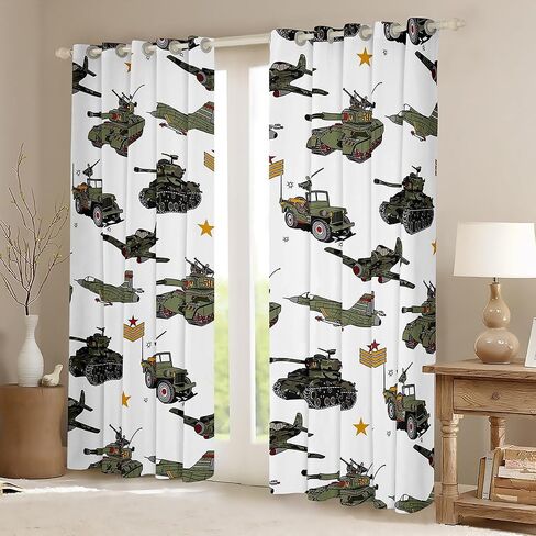 Manfei War Theme Window Curtains Aircraft Tanks Window Drapes for Kids Boy Room Decor, Retro Army Green Airplane Tanks Window Treatments Grommet Top 2 Panel Set Bedroom Curtains, 52Wx63L inch in Kuwait