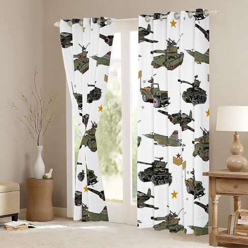 Manfei War Theme Window Curtains Aircraft Tanks Window Drapes for Kids Boy Room Decor, Retro Army Green Airplane Tanks Window Treatments Grommet Top 2 Panel Set Bedroom Curtains, 52Wx63L inch in Kuwait
