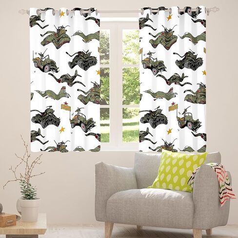 Manfei War Theme Window Curtains Aircraft Tanks Window Drapes for Kids Boy Room Decor, Retro Army Green Airplane Tanks Window Treatments Grommet Top 2 Panel Set Bedroom Curtains, 52Wx63L inch in Kuwait