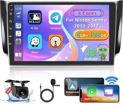 Roinvou 2+64G Android CarPlay Stereo لـ 2013-2017 Nissan Sentra، راديو CarPlay لاسلكي مدمج مع Android Auto، شاشة لمس 10.1 بوصة في لوحة القيادة GPS ودعم مرآة Link BT FM RDS AHD in Kuwait