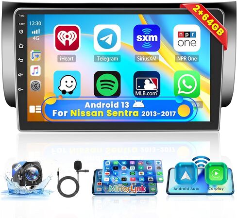 Roinvou 2+64G Android CarPlay Stereo for 2013-2017 Nissan Sentra, Built-in Wireless CarPlay Radio with Android Auto, 10.1'' Touch Screen in-Dash GPS Navigation Support Mirror Link BT FM RDS AHD in Kuwait