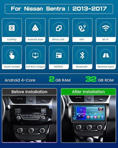 Roinvou 2+64G Android CarPlay Stereo for 2013-2017 Nissan Sentra, Built-in Wireless CarPlay Radio with Android Auto, 10.1'' Touch Screen in-Dash GPS Navigation Support Mirror Link BT FM RDS AHD in Kuwait