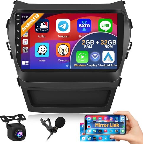 Roinvou 2+64G Android Car Stereo لـ 2013-2017 Hyundai Santa Fe، راديو CarPlay لاسلكي مدمج مع Android Auto، شاشة لمس 9 بوصات في لوحة القيادة GPS ودعم مرآة Link Bluetooth FM RDS AHD in Kuwait