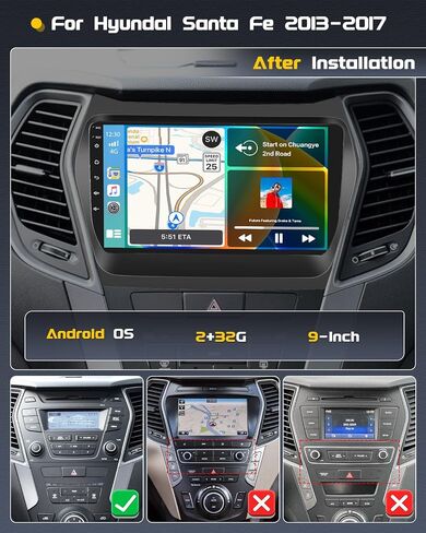 Roinvou 2+64G Android Car Stereo لـ 2013-2017 Hyundai Santa Fe، راديو CarPlay لاسلكي مدمج مع Android Auto، شاشة لمس 9 بوصات في لوحة القيادة GPS ودعم مرآة Link Bluetooth FM RDS AHD in Kuwait