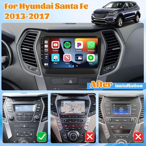 Roinvou 2+64G Android Car Stereo لـ 2013-2017 Hyundai Santa Fe، راديو CarPlay لاسلكي مدمج مع Android Auto، شاشة لمس 9 بوصات في لوحة القيادة GPS ودعم مرآة Link Bluetooth FM RDS AHD in Kuwait