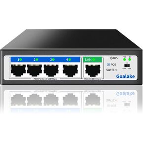 Goalake 5 Port AI Unmanaged PoE+ Switch（4 POE+ Ports +1 Uplink，802.3af/at PoE+ 100Mbps, 52W Built-in Power, AI Extended to 250m, 4kv Lightning Protection Design, AI Detection, Desktop or Wall Mount