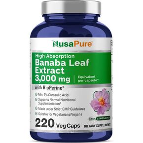 NusaPure Banaba Leaf Extract 3000 mg – 220 Veg Caps, 220 Days Supply (Non-GMO & Vegan) 2% Corosolic Acid