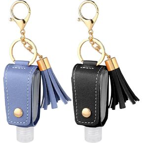 Mozeat Lens 2 Pcs Small Hand Sanitizer Keychain Portable Leather Hand Sanitizer Holder Leakproof Plastic Empty Bottles Hand Sanitizer Travel Holder Bottle for Lotion Liquid Soap Shampoo Blue Black