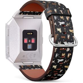Compatible with Fitbit Ionic - Leather Band Bracelet Strap Wristband Replacement with Adapters - Cartoon Doodle Puppy Dog
