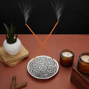 Ajuny Aluminum Round Incense Sticks Burner with Ash Catcher Silver Finish Tibetan Style Seven Chakra Carved Design 11.5 cm Holder Meditation Accessories Spiritual Home Decor Fragrance