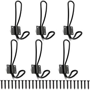 Rustic Farmhouse Entryway Hooks 6 Pack Decorative Vintage Hangers Wall Mounted Hard Antique Industrial Heavy Duty Hook Set Double Farmhouse Utility Hook Set Best for Clothes Hanger (Black)