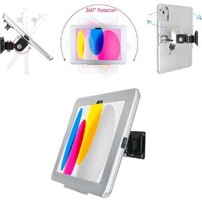 On Wall Mount bracket for 2022 iPad 10.9" 10th Gen. ,with Anti Theft Security Lock and Key, Rotate Design Arbitrary Adjustment,Multi Angle, Horizontal and vertical screen Swivel,Metal,(Black)