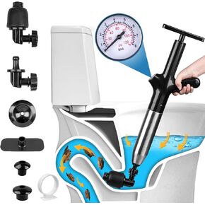 Toilet Plunger, High Pressure Air Drain Blaster Gun with Visual Barometer, Snake Drain Clog Remover Tool, Stainless Steel Toilet Plungers, Air Plunger for Toilet Bathroom, Sink, Kitchen, Floor Clogged
