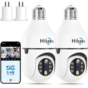 كاميرا مراقبة Hiseeu PTZ Light Bulb لاسلكية 2.4 جيجا هرتز، صوت ثنائي الاتجاه، تكبير 10X، كشف الحركة والتنبيه، رؤية ليلية ملونة كاملة 3 ميجابكسل، تخزين SD وسحاب، قاعدة لمبة E26/E27