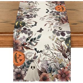 Artoid Mode Jack-O'-Lantern Pumpkin Floral Ghost Halloween Table Runner, Eucalyptus Kitchen Dining Table Decoration for Home Party Decor 13x72 Inch