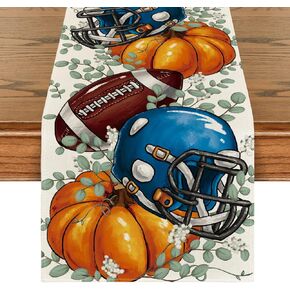 Artoid Mode Blue Helmet Pumpkin Football Rugby Eucalyptus Fall Table Runner, Autumn Thanksgiving Kitchen Dining Table Decoration for Home Party Decor 13x72 Inch