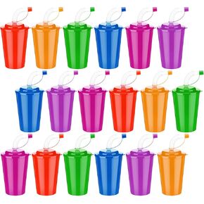 Zubebe 24 Pcs Neon Sipper Cups 12 oz Colorful Neon Cups with Lids and Straws Plastic Cups Spill Proof Party Favor Cups Reusable Straw Cups for Birthday Party Events Supplies, 6 Colors
