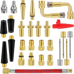 28pcs Bicycle Valve Adapter Set, Brass Bike Tire Valve Stem Adapter Inflation Kit Accessories for Standard Pump or Air Inflatable Attachment Compressor for Presta Schrader
