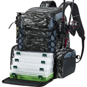 Piscifun Fishing Tackle Backpack with Rod Holders & 4 Tackle Boxes, Waterproof Rain Cover, Bottle Holder, Large Water-resistant Fishing Bag Store Fishing Gear & Equipment for Fishing, Camping, Hiking