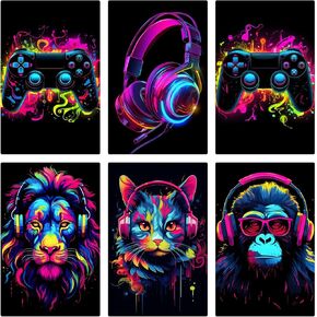 6 Pieces Video Game Posters Neon Gaming Poster Game Themed Art Poster Print Wall Decoration for Teens Boys Girls Bedroom Game Room 11" X 16" Unframed