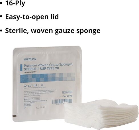 McKesson Premium Woven Gauze Sponges, Sterile, 16-Ply, USP Type VII, 100% Cotton, 4 in x 4 in, 10 per Pack, 72 Packs, 720 Total in Saudi Arabia