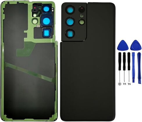 غطاء زجاجي خلفي S21 Ultra Back Glass بديل لهاتف Galaxy S21 Ultra مع إطار كاميرا خلفي لهاتف Samsung S21 Ultra Back Glass 5G 6.8 بوصة G998U G998U1 جزء إصلاح شريط الغطاء الخلفي (أسود فانتوم) in Kuwait