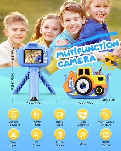 Kids Camera - Toddler Camera Christmas Birthday Toys Gifts for Boys Girls 3-8 Years Old, 1080P HD Kids Selfie Digital Camera with 32GB SD Card -Blue Car in Kuwait