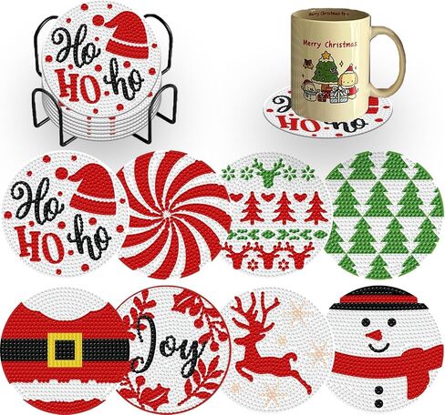 Denylo pro 8 Pcs Christmas Diamond Painting Coasters Kits with Holder DIY Christmas Diamond Art Coaster Non Slip Coaster for Adults Xmas Holiday Diamond Painting Kits Supplies for Christmas Gift in Kuwait