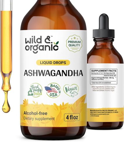 Wild & Organic Ashwagandha Liquid Drops - Ashwagandha Root Tincture for Mood Support and Relaxation - Ashwagandha Liquid Extract Supplement - Vegan, Alcohol-Free - 2 Fl Oz in Kuwait