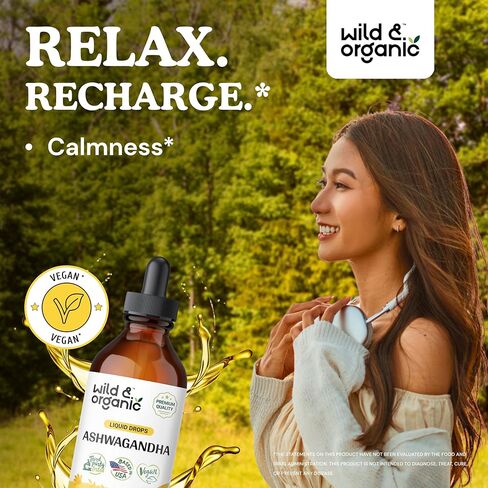 Wild & Organic Ashwagandha Liquid Drops - Ashwagandha Root Tincture for Mood Support and Relaxation - Ashwagandha Liquid Extract Supplement - Vegan, Alcohol-Free - 2 Fl Oz in Kuwait
