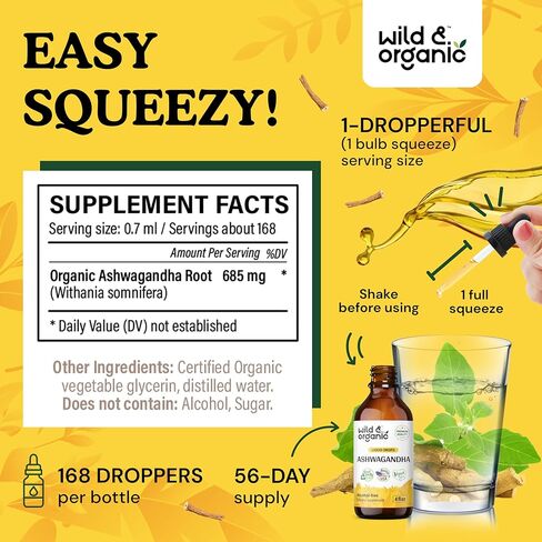 Wild & Organic Ashwagandha Liquid Drops - Ashwagandha Root Tincture for Mood Support and Relaxation - Ashwagandha Liquid Extract Supplement - Vegan, Alcohol-Free - 2 Fl Oz in Kuwait