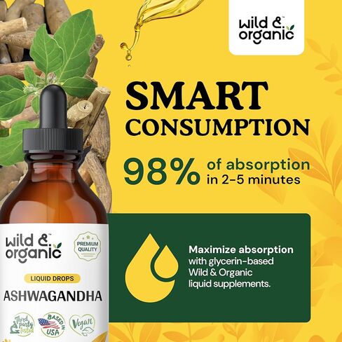 Wild & Organic Ashwagandha Liquid Drops - Ashwagandha Root Tincture for Mood Support and Relaxation - Ashwagandha Liquid Extract Supplement - Vegan, Alcohol-Free - 2 Fl Oz in Kuwait