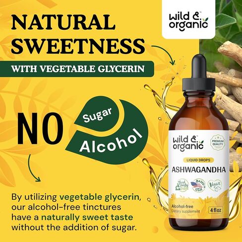 Wild & Organic Ashwagandha Liquid Drops - Ashwagandha Root Tincture for Mood Support and Relaxation - Ashwagandha Liquid Extract Supplement - Vegan, Alcohol-Free - 2 Fl Oz in Kuwait